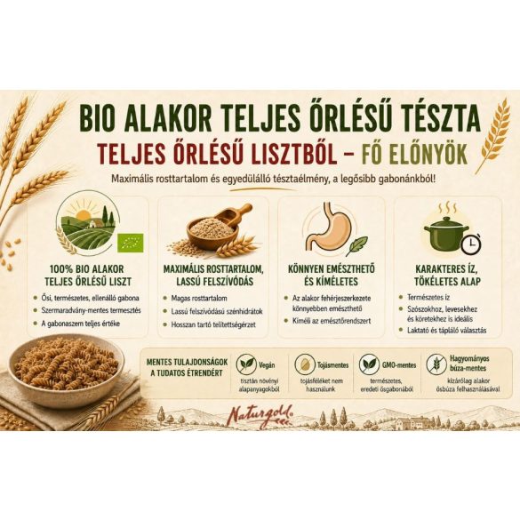 Bio alakor ősbúza tészta orsó teljes őrlésű 250g