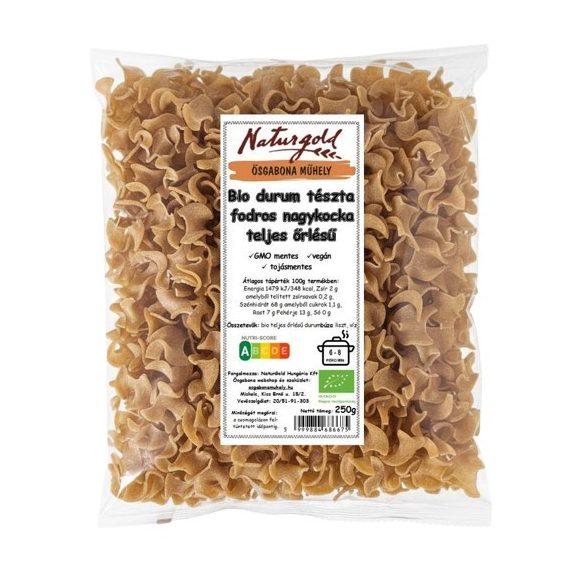 Bio durum tészta fodros nagykocka teljes őrlésű 250g 